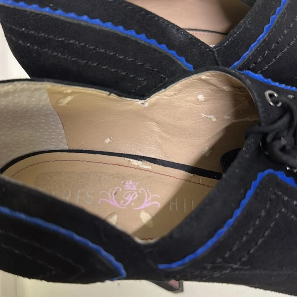 Paris Hilton Royal Black Blue Suede Peep Toe Lace Up 5 Inch Stilettos Heels 8M